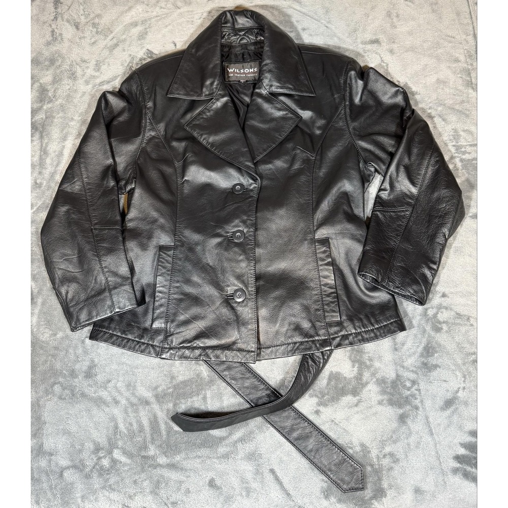 Wilsons Leather Jacket Womens Large Black Belted Button Front Lined Short